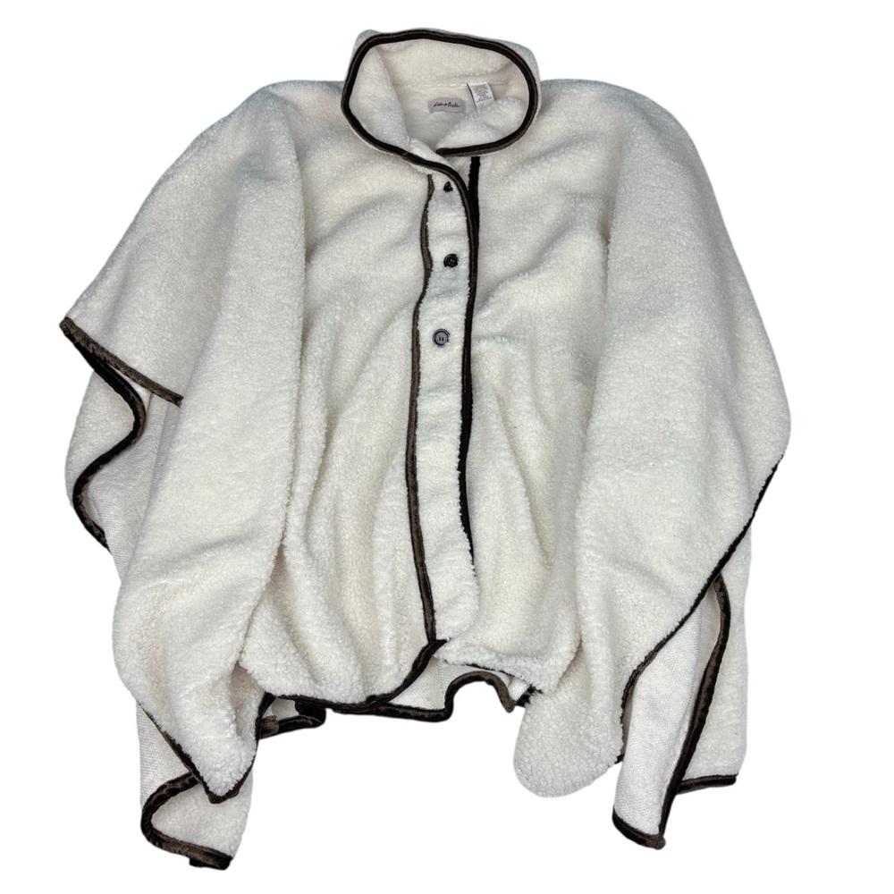 Le Moda Women's One Size Fleece Poncho New with tags Cream Black Trim Collared